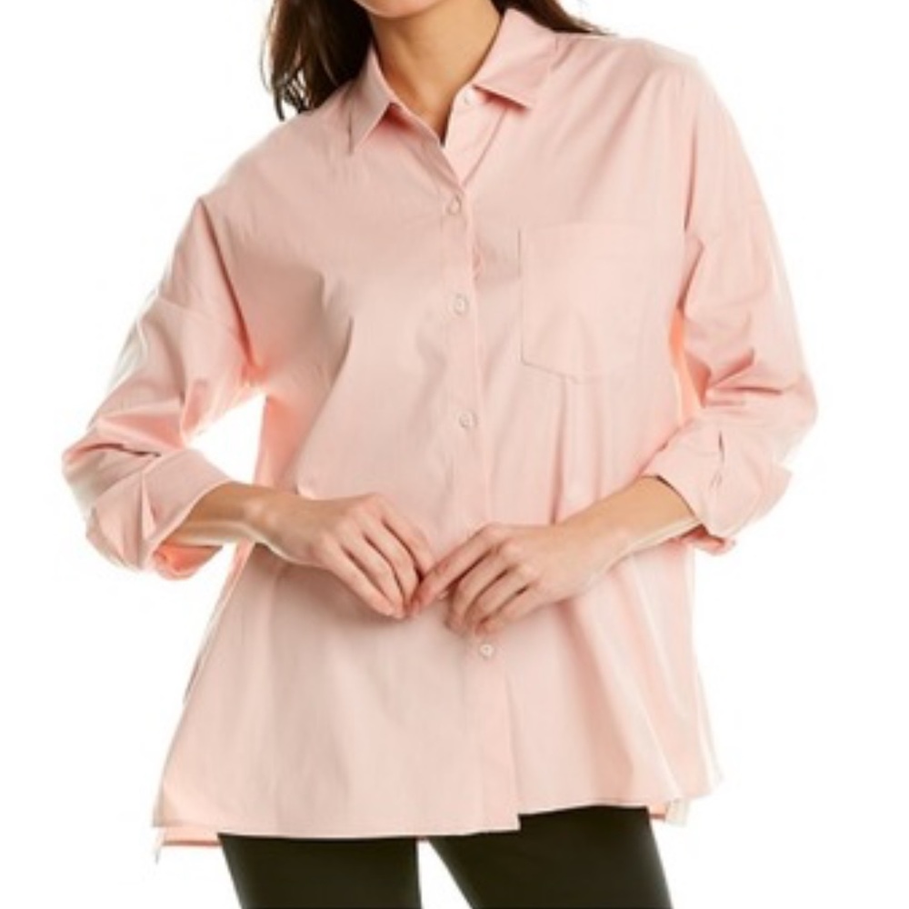 Theory Lourah Stretch Cotton Tunic Blouse Blush Pink High Low Hem-P/0